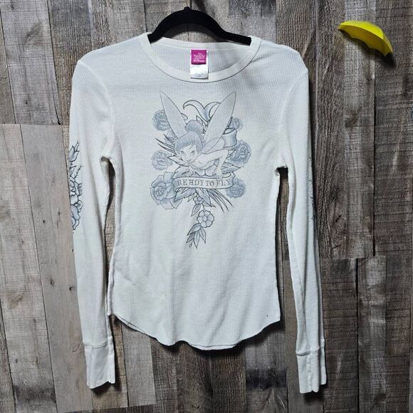 Disney Vintage Y2K White Waffle Knit Tinker Bell Graphic Top - Picture 1 of 7